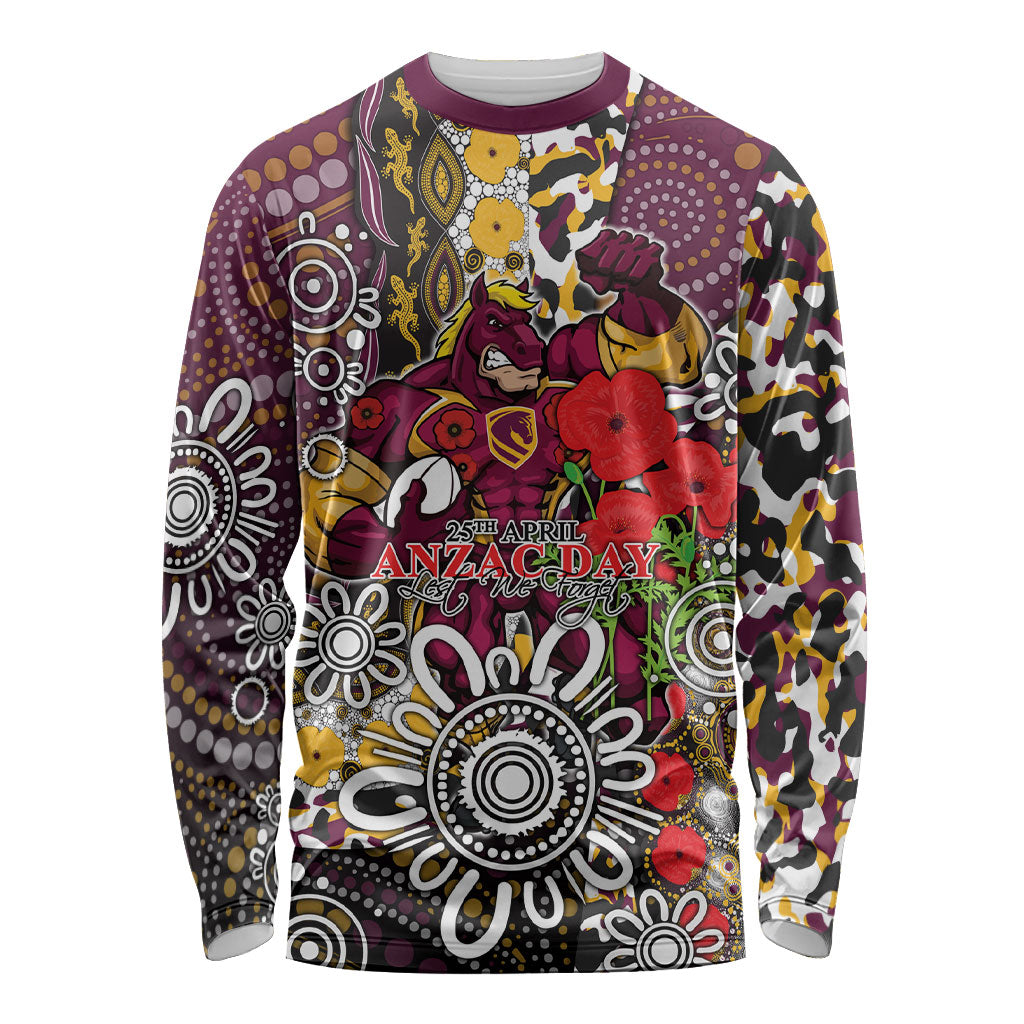 Brisbane Broncos ANZAC Day Long Sleeve Shirt Aboriginal Poppy Remembrance Rugby - Lest We Forget