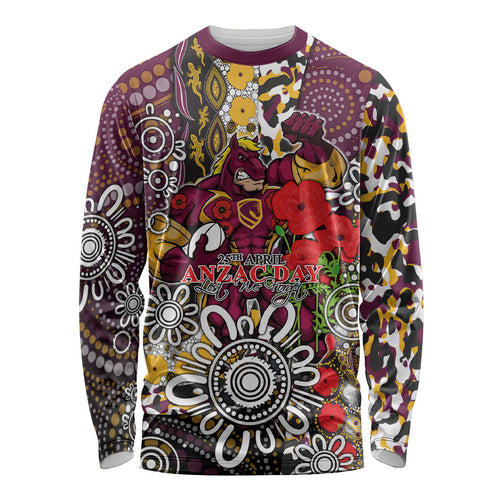 Brisbane Broncos ANZAC Day Long Sleeve Shirt Aboriginal Poppy Remembrance Rugby - Lest We Forget