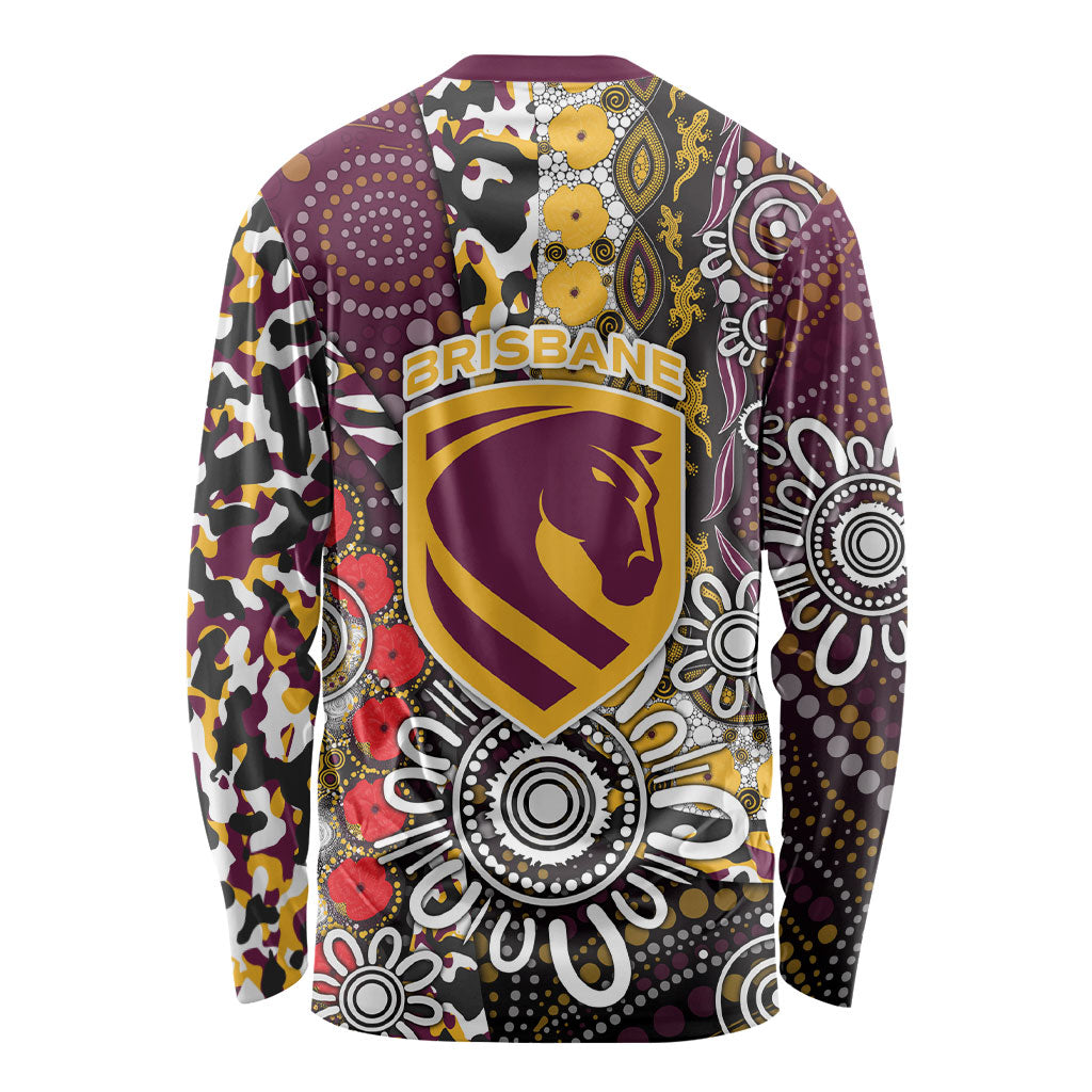 Brisbane Broncos ANZAC Day Long Sleeve Shirt Aboriginal Poppy Remembrance Rugby - Lest We Forget