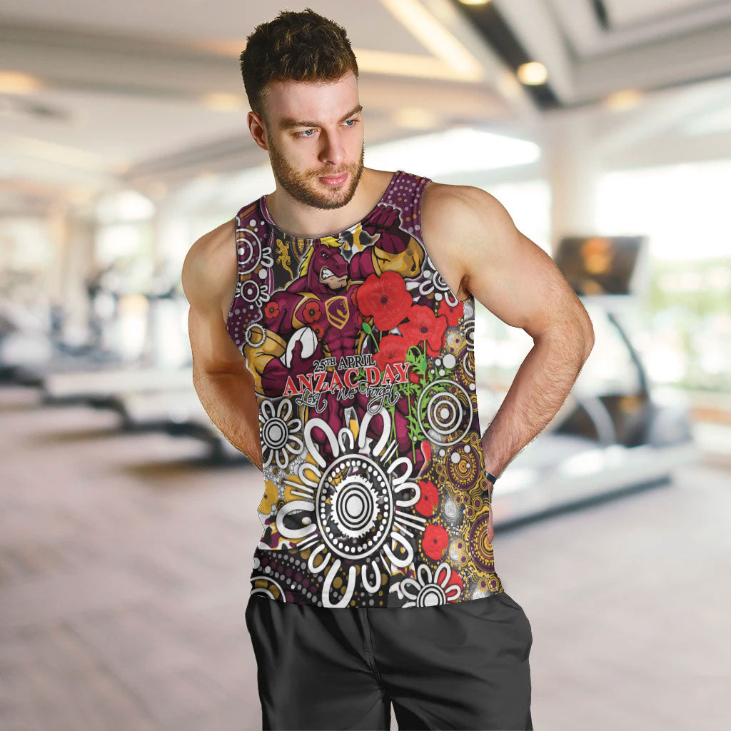 Brisbane Broncos ANZAC Day Men Tank Top Aboriginal Poppy Remembrance Rugby - Lest We Forget