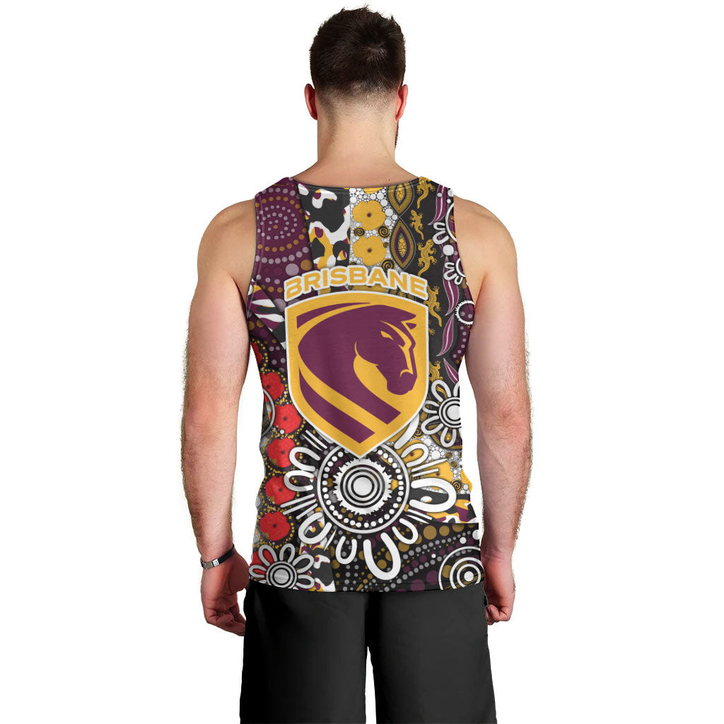 Brisbane Broncos ANZAC Day Men Tank Top Aboriginal Poppy Remembrance Rugby - Lest We Forget