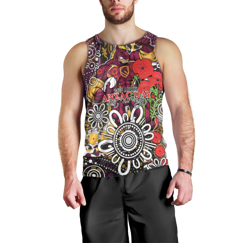 Brisbane Broncos ANZAC Day Men Tank Top Aboriginal Poppy Remembrance Rugby - Lest We Forget