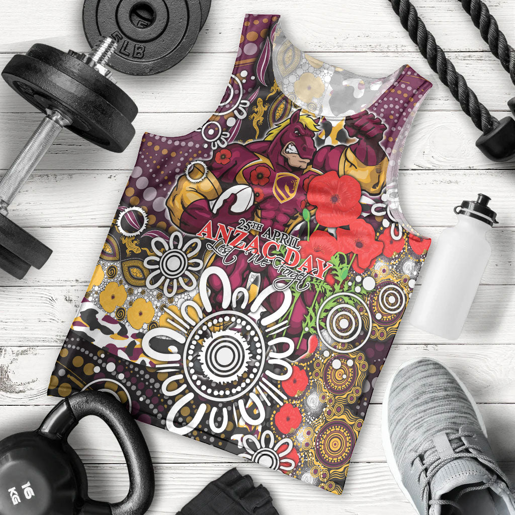 Brisbane Broncos ANZAC Day Men Tank Top Aboriginal Poppy Remembrance Rugby - Lest We Forget