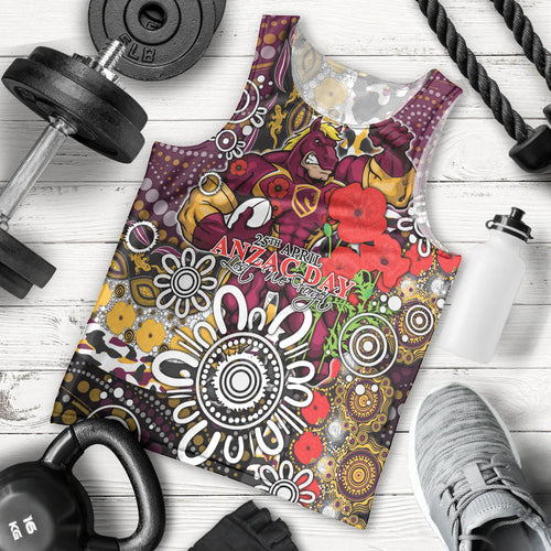 Brisbane Broncos ANZAC Day Men Tank Top Aboriginal Poppy Remembrance Rugby - Lest We Forget