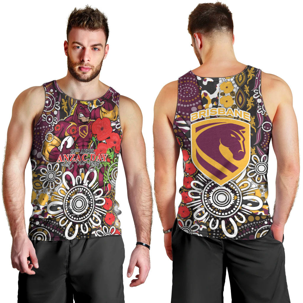 Brisbane Broncos ANZAC Day Men Tank Top Aboriginal Poppy Remembrance Rugby - Lest We Forget
