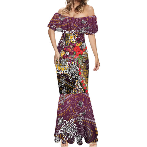 Brisbane Broncos ANZAC Day Mermaid Dress Aboriginal Poppy Remembrance Rugby - Lest We Forget