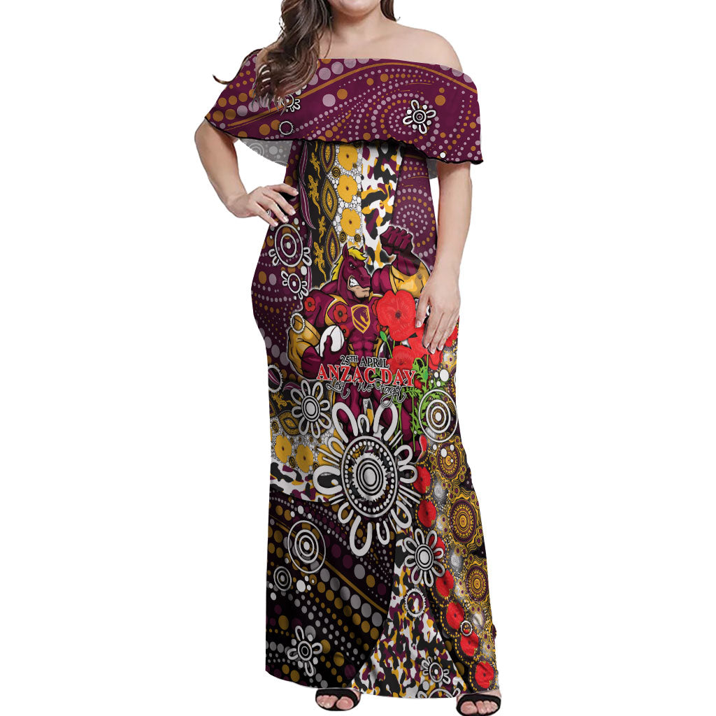 Brisbane Broncos ANZAC Day Off Shoulder Maxi Dress Aboriginal Poppy Remembrance Rugby - Lest We Forget
