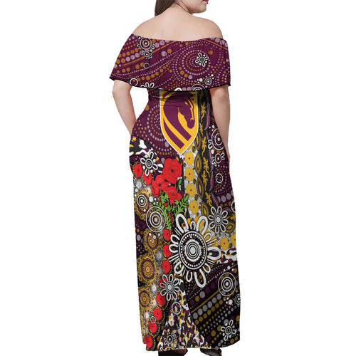 Brisbane Broncos ANZAC Day Off Shoulder Maxi Dress Aboriginal Poppy Remembrance Rugby - Lest We Forget