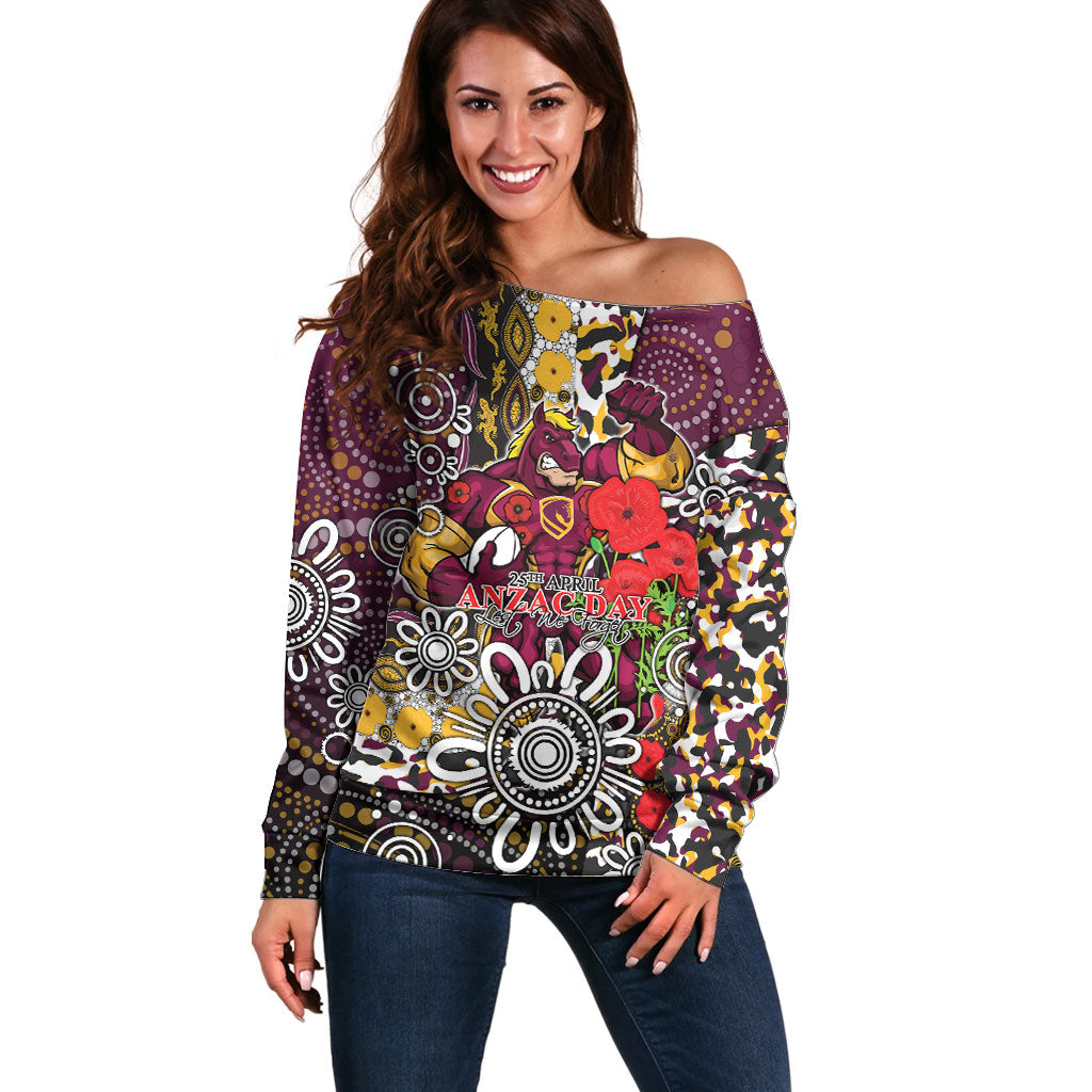 Brisbane Broncos ANZAC Day Off Shoulder Sweater Aboriginal Poppy Remembrance Rugby - Lest We Forget