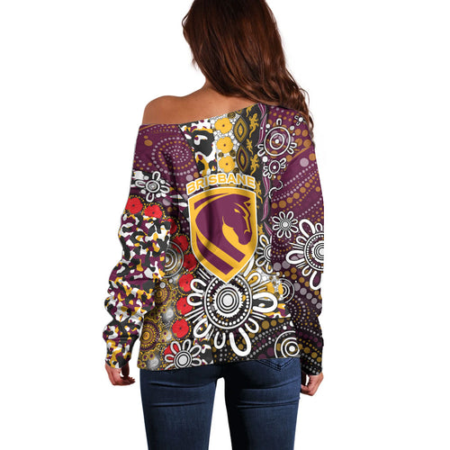Brisbane Broncos ANZAC Day Off Shoulder Sweater Aboriginal Poppy Remembrance Rugby - Lest We Forget