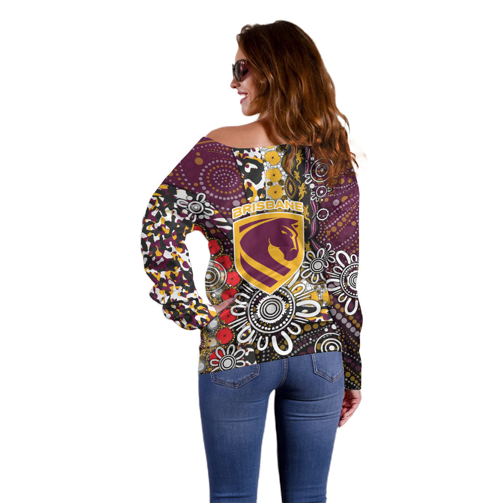 Brisbane Broncos ANZAC Day Off Shoulder Sweater Aboriginal Poppy Remembrance Rugby - Lest We Forget