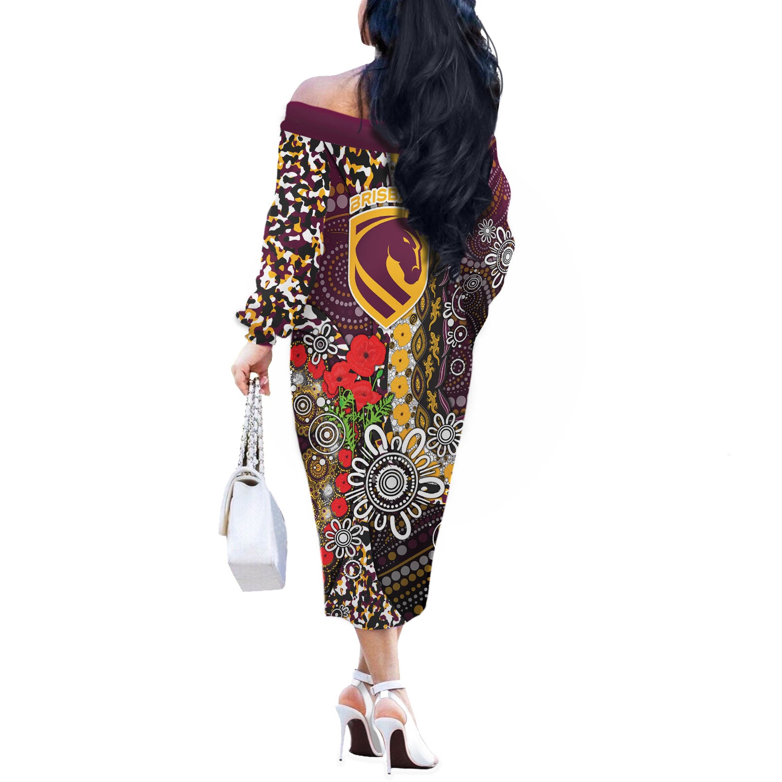 Brisbane Broncos ANZAC Day Off The Shoulder Long Sleeve Dress Aboriginal Poppy Remembrance Rugby - Lest We Forget