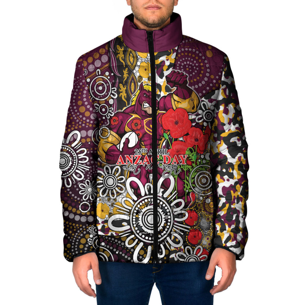 Brisbane Broncos ANZAC Day Padded Jacket Aboriginal Poppy Remembrance Rugby - Lest We Forget