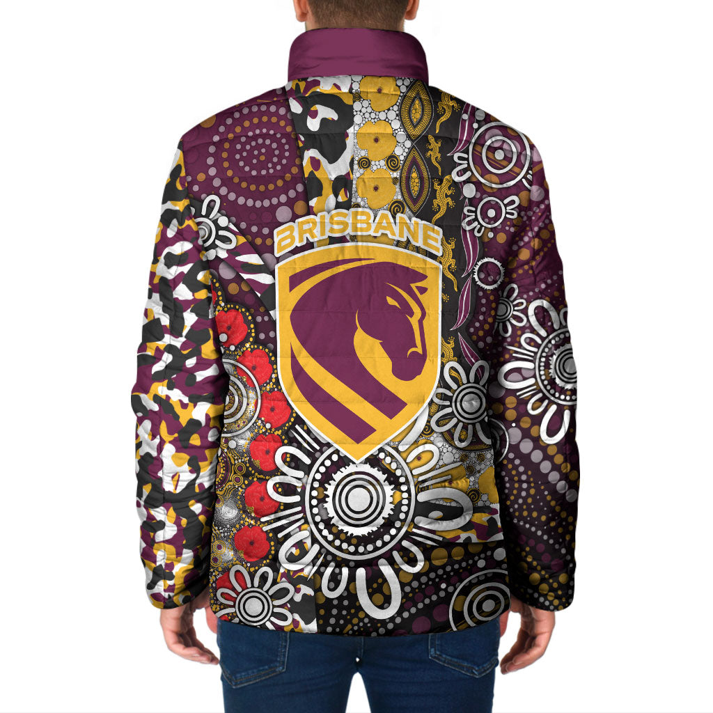 Brisbane Broncos ANZAC Day Padded Jacket Aboriginal Poppy Remembrance Rugby - Lest We Forget