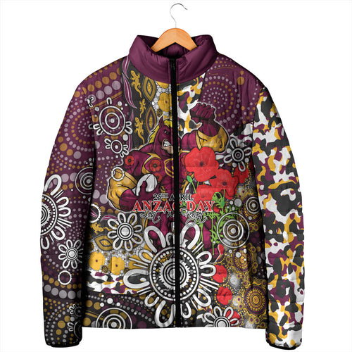 Brisbane Broncos ANZAC Day Padded Jacket Aboriginal Poppy Remembrance Rugby - Lest We Forget