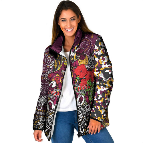 Brisbane Broncos ANZAC Day Padded Jacket Aboriginal Poppy Remembrance Rugby - Lest We Forget