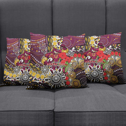 Brisbane Broncos ANZAC Day Pillow Cover Aboriginal Poppy Remembrance Rugby - Lest We Forget