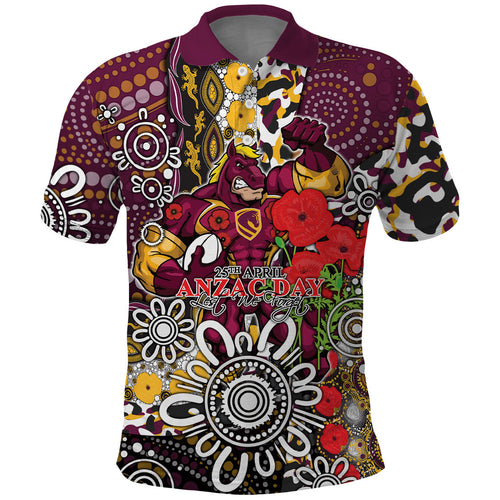 Brisbane Broncos ANZAC Day Polo Shirt Aboriginal Poppy Remembrance Rugby - Lest We Forget