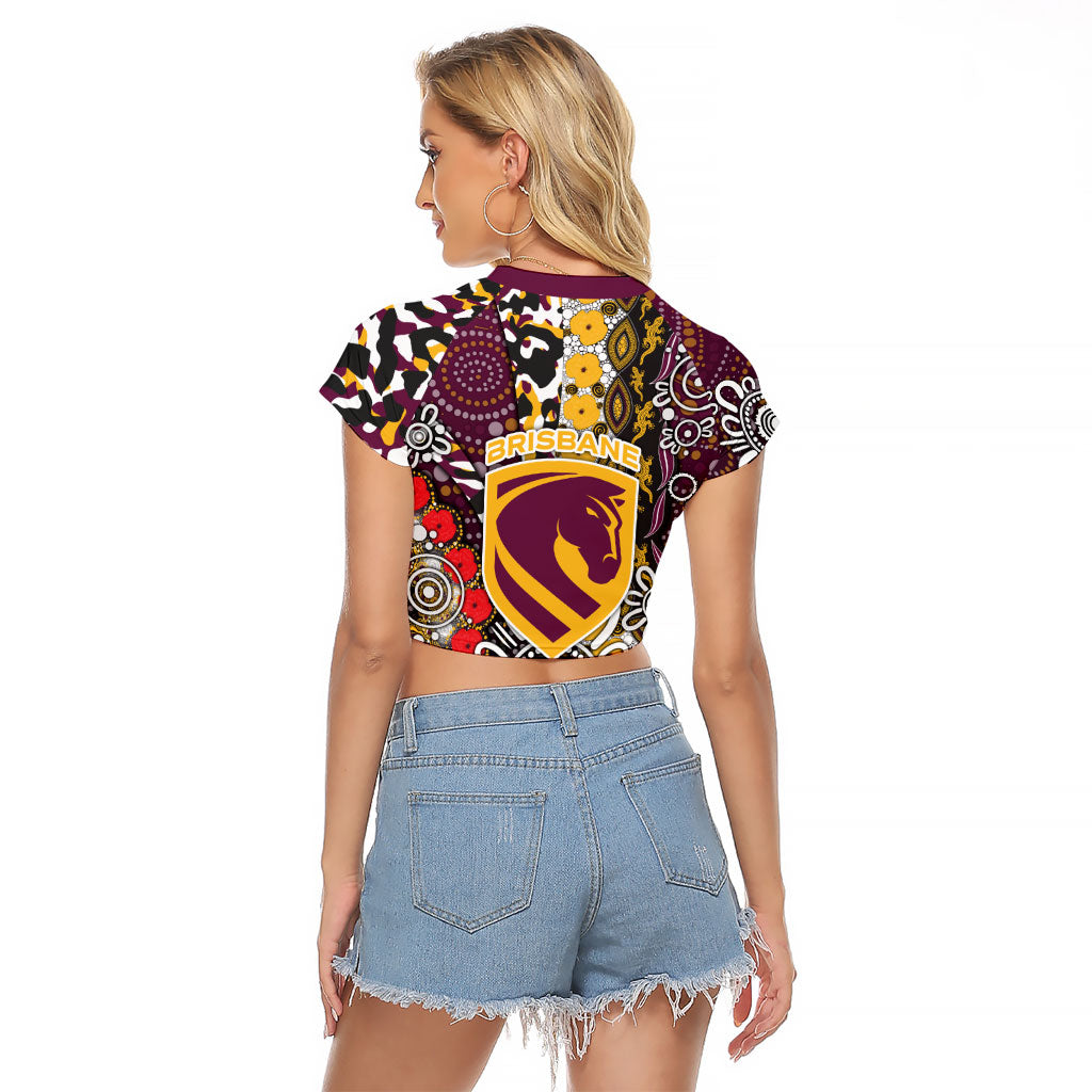 Brisbane Broncos ANZAC Day Raglan Cropped T Shirt Aboriginal Poppy Remembrance Rugby - Lest We Forget
