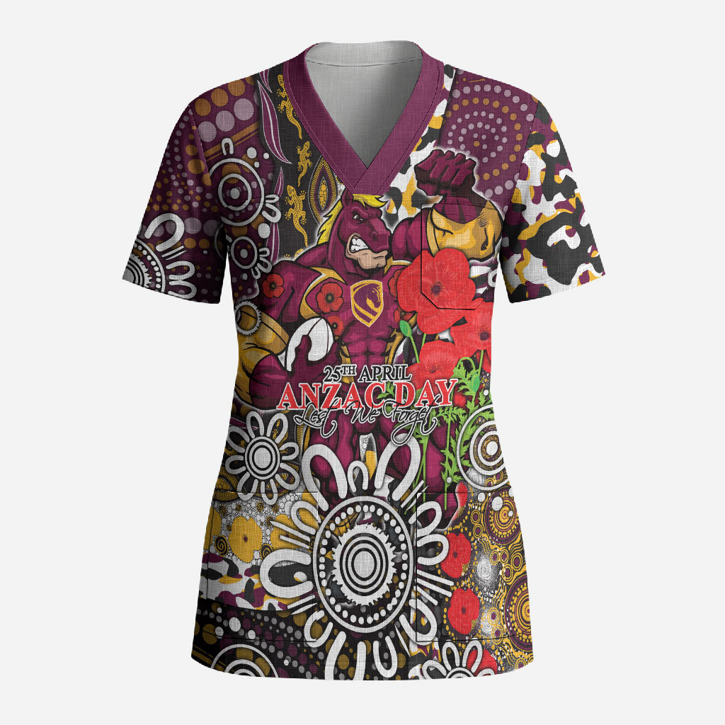 Brisbane Broncos ANZAC Day Scrub Top Aboriginal Poppy Remembrance Rugby - Lest We Forget