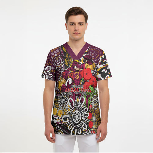 Brisbane Broncos ANZAC Day Scrub Top Aboriginal Poppy Remembrance Rugby - Lest We Forget