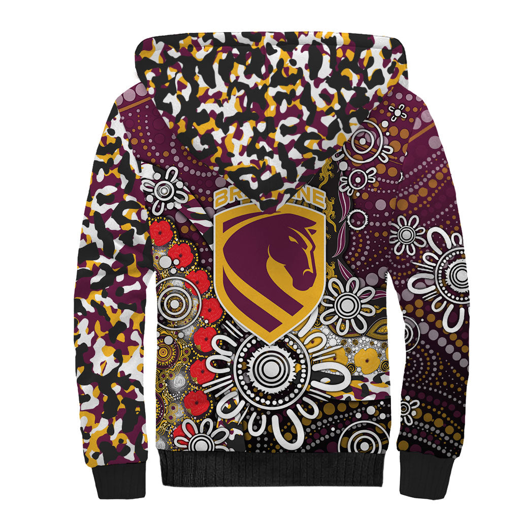 Brisbane Broncos ANZAC Day Sherpa Hoodie Aboriginal Poppy Remembrance Rugby - Lest We Forget