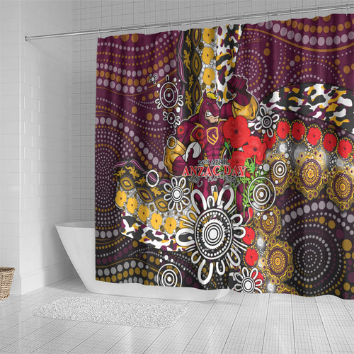 Brisbane Broncos ANZAC Day Shower Curtain Aboriginal Poppy Remembrance Rugby - Lest We Forget