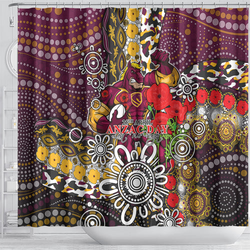 Brisbane Broncos ANZAC Day Shower Curtain Aboriginal Poppy Remembrance Rugby - Lest We Forget
