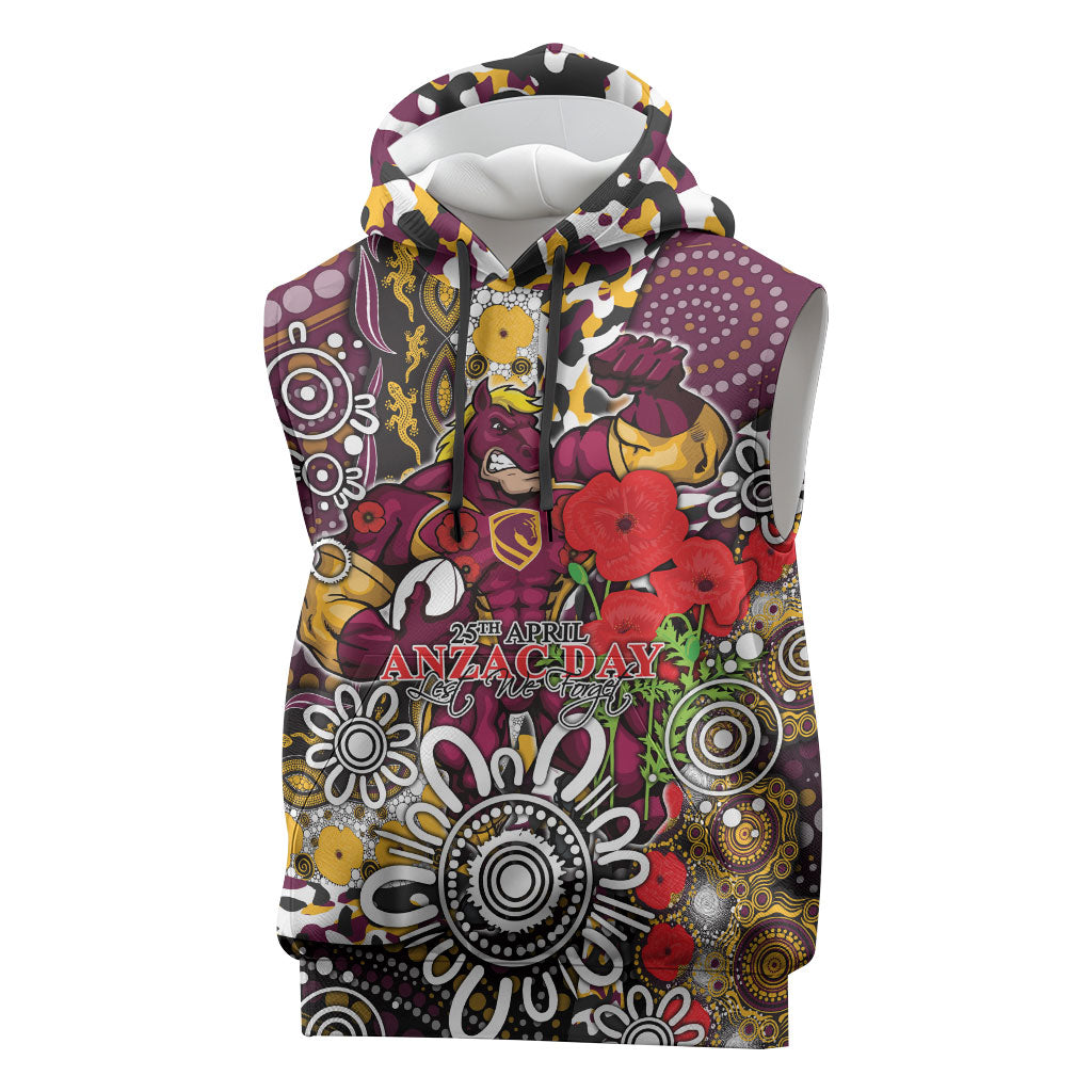 Brisbane Broncos ANZAC Day Sleeveless Hoodie Aboriginal Poppy Remembrance Rugby - Lest We Forget
