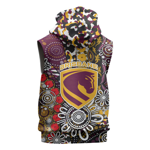 Brisbane Broncos ANZAC Day Sleeveless Hoodie Aboriginal Poppy Remembrance Rugby - Lest We Forget