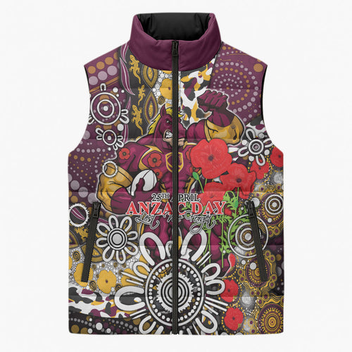 Brisbane Broncos ANZAC Day Sleeveless Puffer Jacket Aboriginal Poppy Remembrance Rugby - Lest We Forget