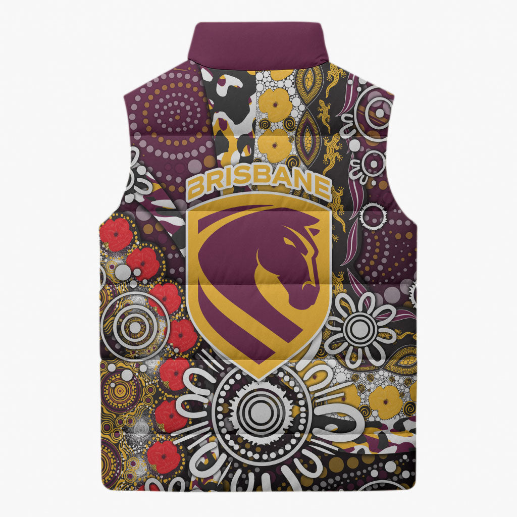 Brisbane Broncos ANZAC Day Sleeveless Puffer Jacket Aboriginal Poppy Remembrance Rugby - Lest We Forget