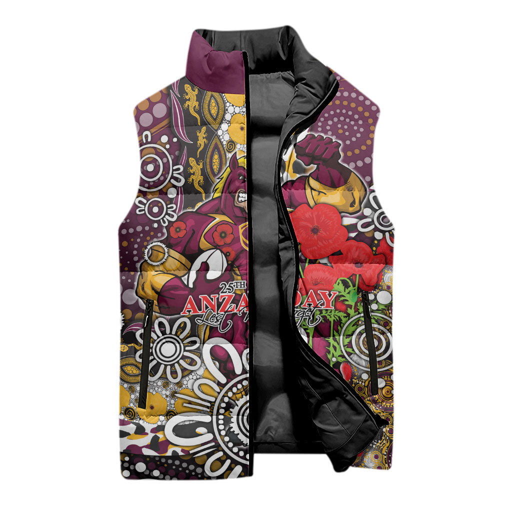 Brisbane Broncos ANZAC Day Sleeveless Puffer Jacket Aboriginal Poppy Remembrance Rugby - Lest We Forget