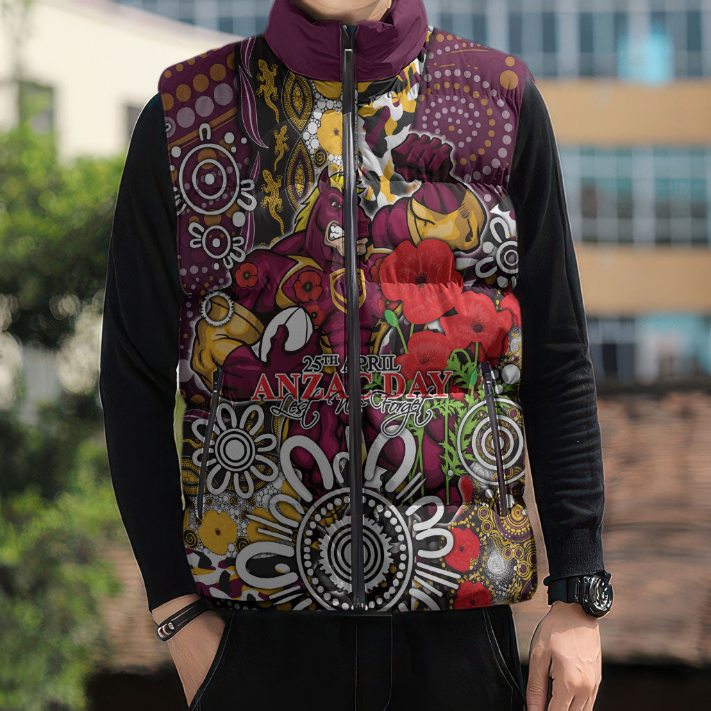 Brisbane Broncos ANZAC Day Sleeveless Puffer Jacket Aboriginal Poppy Remembrance Rugby - Lest We Forget