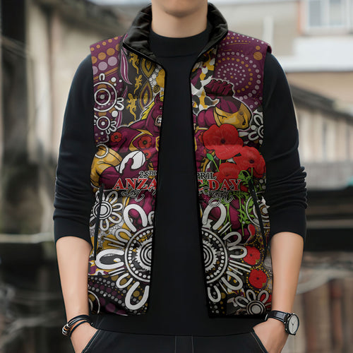 Brisbane Broncos ANZAC Day Sleeveless Puffer Jacket Aboriginal Poppy Remembrance Rugby - Lest We Forget