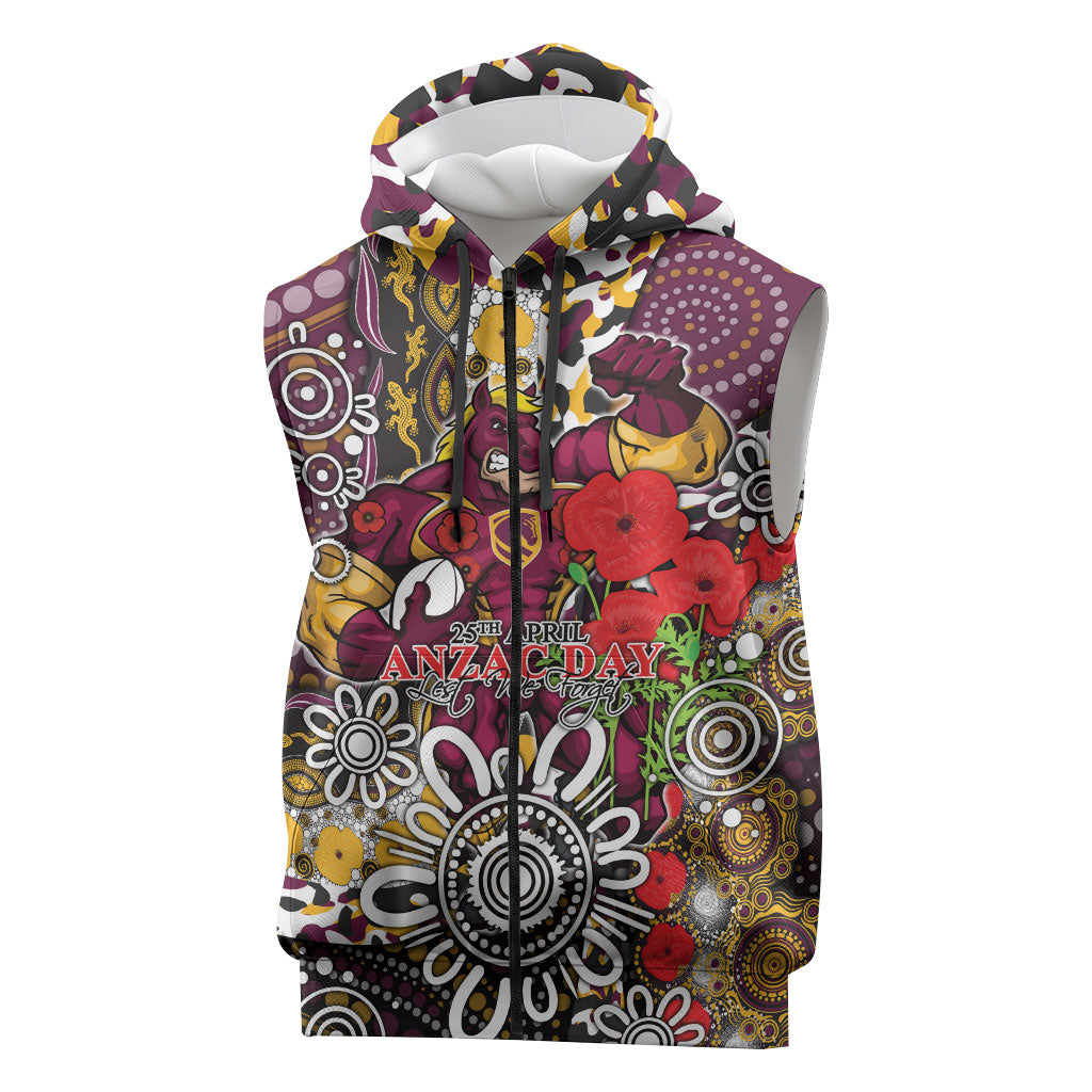 Brisbane Broncos ANZAC Day Sleeveless Zip Hoodie Aboriginal Poppy Remembrance Rugby - Lest We Forget