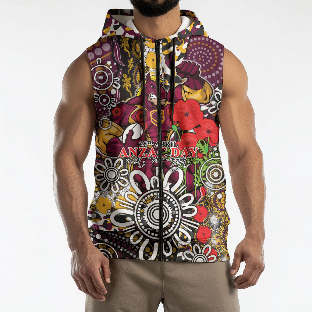 Brisbane Broncos ANZAC Day Sleeveless Zip Hoodie Aboriginal Poppy Remembrance Rugby - Lest We Forget