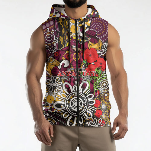 Brisbane Broncos ANZAC Day Sleeveless Zip Hoodie Aboriginal Poppy Remembrance Rugby - Lest We Forget