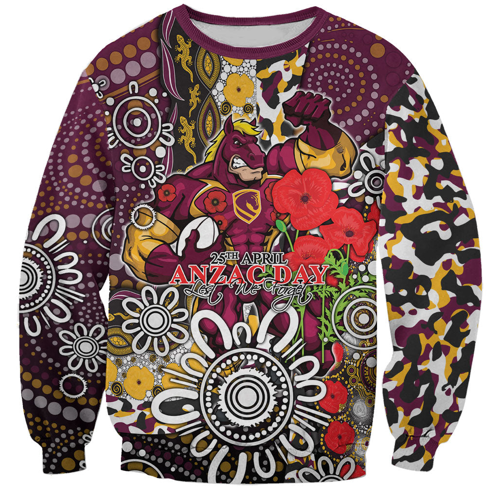 Brisbane Broncos ANZAC Day Sweatshirt Aboriginal Poppy Remembrance Rugby - Lest We Forget