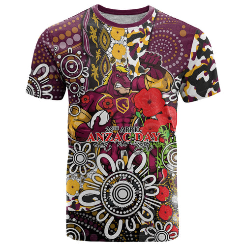 Brisbane Broncos ANZAC Day T Shirt Aboriginal Poppy Remembrance Rugby - Lest We Forget