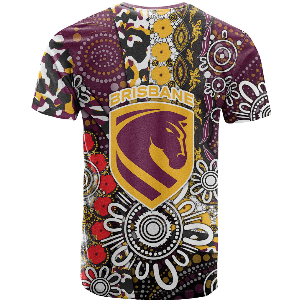 Brisbane Broncos ANZAC Day T Shirt Aboriginal Poppy Remembrance Rugby - Lest We Forget
