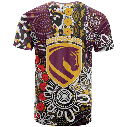 Brisbane Broncos ANZAC Day T Shirt Aboriginal Poppy Remembrance Rugby - Lest We Forget