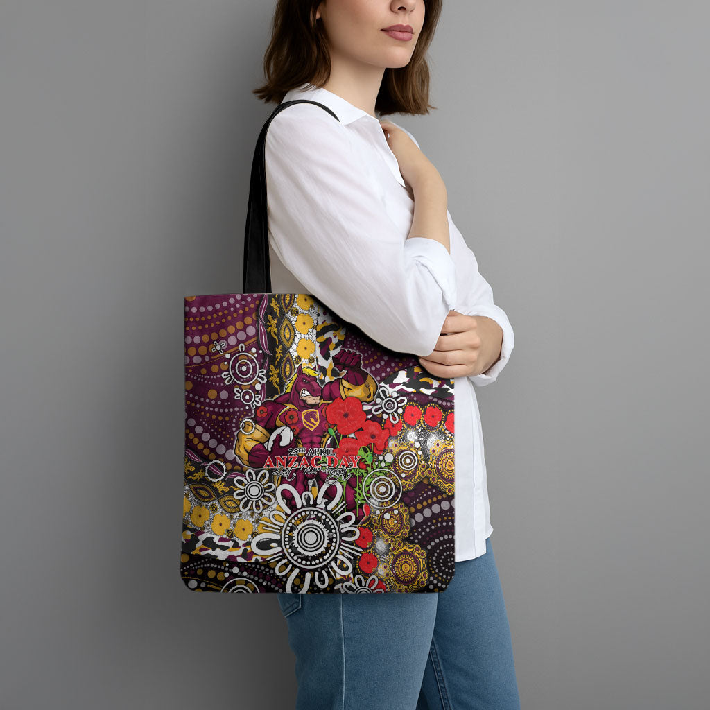 Brisbane Broncos ANZAC Day Tote Bag Aboriginal Poppy Remembrance Rugby - Lest We Forget