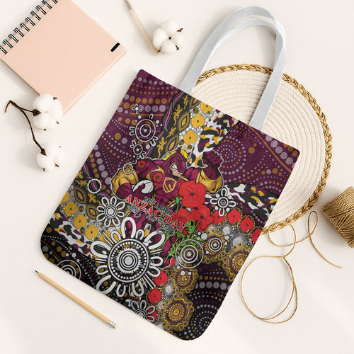 Brisbane Broncos ANZAC Day Tote Bag Aboriginal Poppy Remembrance Rugby - Lest We Forget