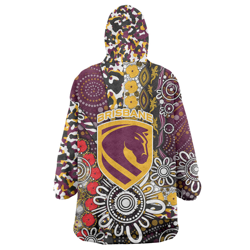 Brisbane Broncos ANZAC Day Wearable Blanket Hoodie Aboriginal Poppy Remembrance Rugby - Lest We Forget