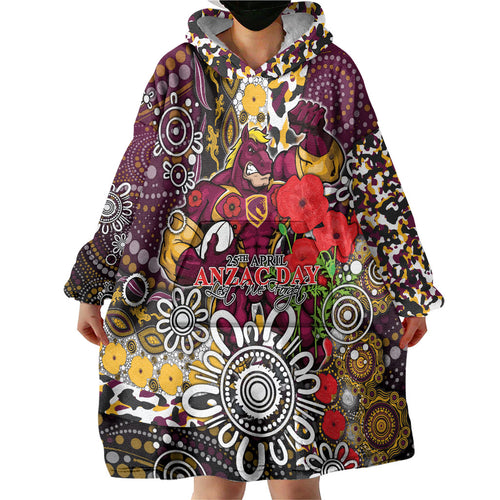 Brisbane Broncos ANZAC Day Wearable Blanket Hoodie Aboriginal Poppy Remembrance Rugby - Lest We Forget