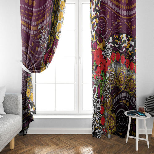 Brisbane Broncos ANZAC Day Window Curtain Aboriginal Poppy Remembrance Rugby - Lest We Forget