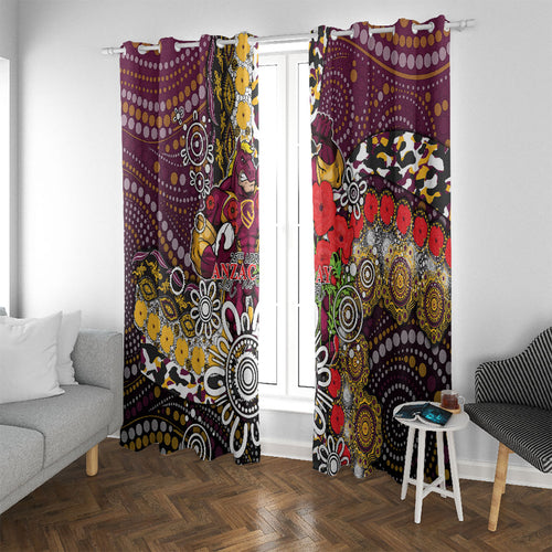 Brisbane Broncos ANZAC Day Window Curtain Aboriginal Poppy Remembrance Rugby - Lest We Forget
