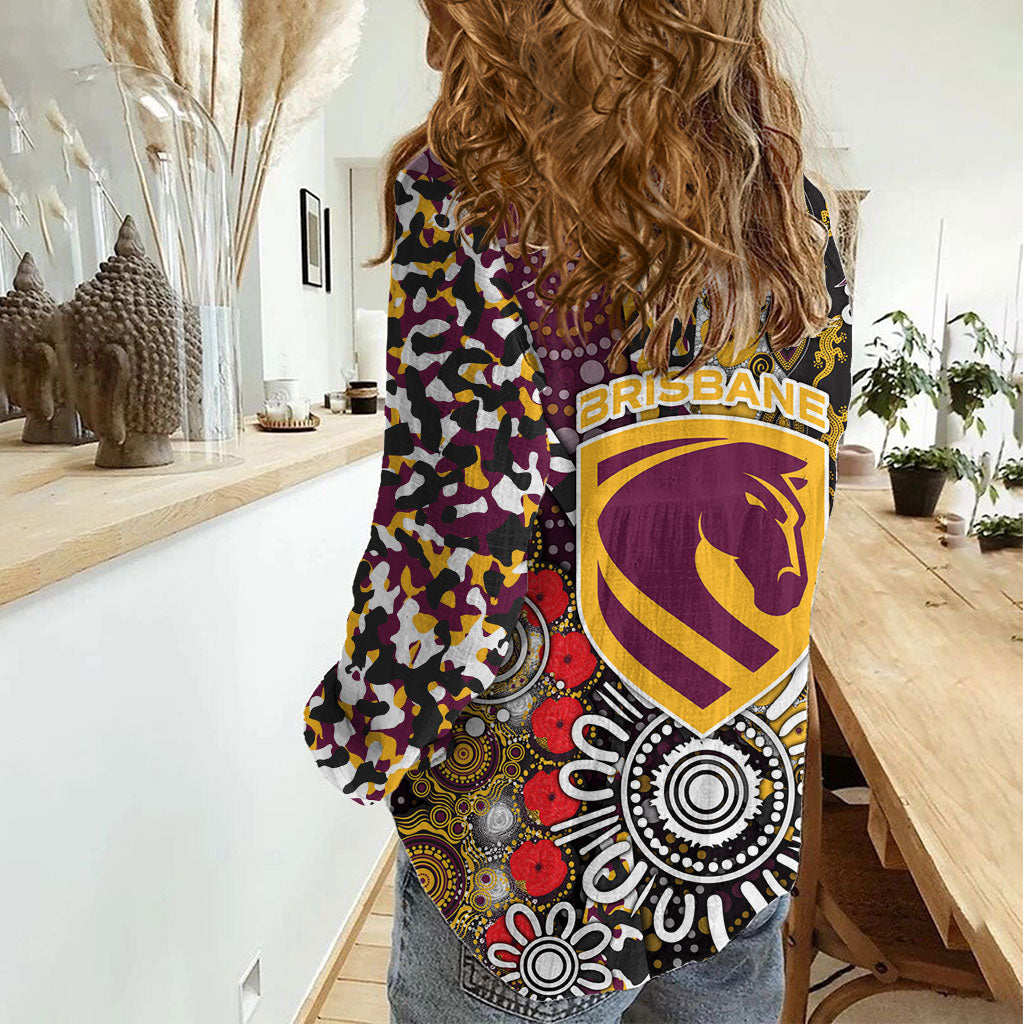Brisbane Broncos ANZAC Day Women Casual Shirt Aboriginal Poppy Remembrance Rugby - Lest We Forget