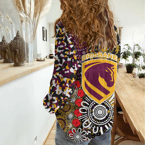 Brisbane Broncos ANZAC Day Women Casual Shirt Aboriginal Poppy Remembrance Rugby - Lest We Forget
